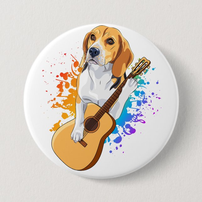 Beagle Dog Playing Acoustic Guitar Round Button (Front)