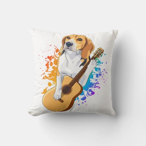 Beagle Dog Playing Acoustic Guitar Throw Pillow