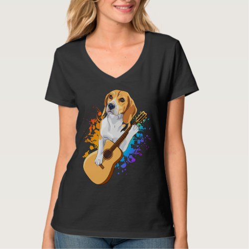 Beagle Dog Playing Acoustic Guitar Women V_Nec T_Shirt