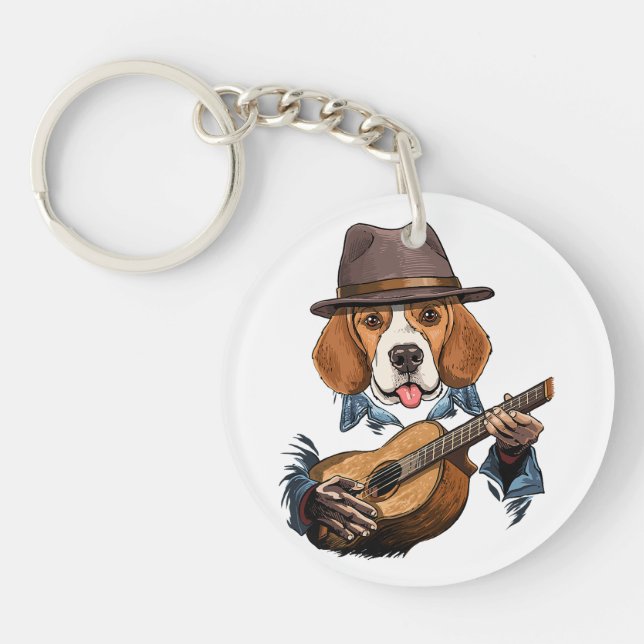 Beagle Dog Playing Guitar/ Funny Beagle Keychain (Front)