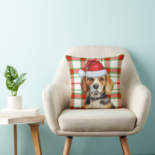 Beagle Dog Red Green Holiday Plaid Christmas Throw Pillow