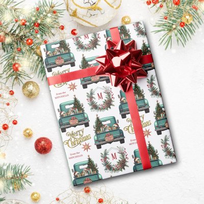 Beagle Dog Retro Truck Monogram Christmas Wrapping Paper