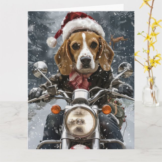 Beagle Dog Riding Motorcycle Christmas Card (Yellow Flower)