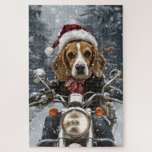 Beagle Dog Riding Motorcycle Christmas Jigsaw Puzzle