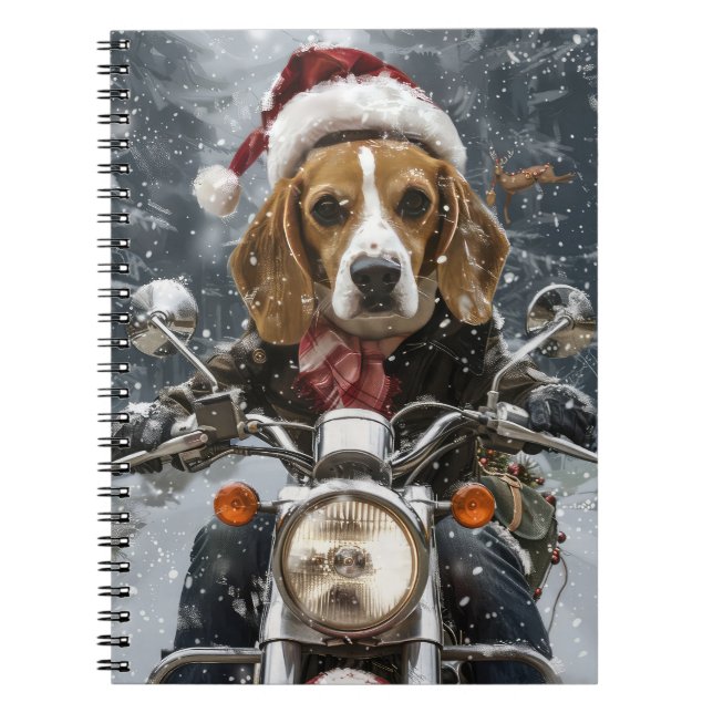 Beagle Dog Riding Motorcycle Christmas Notebook (Front)