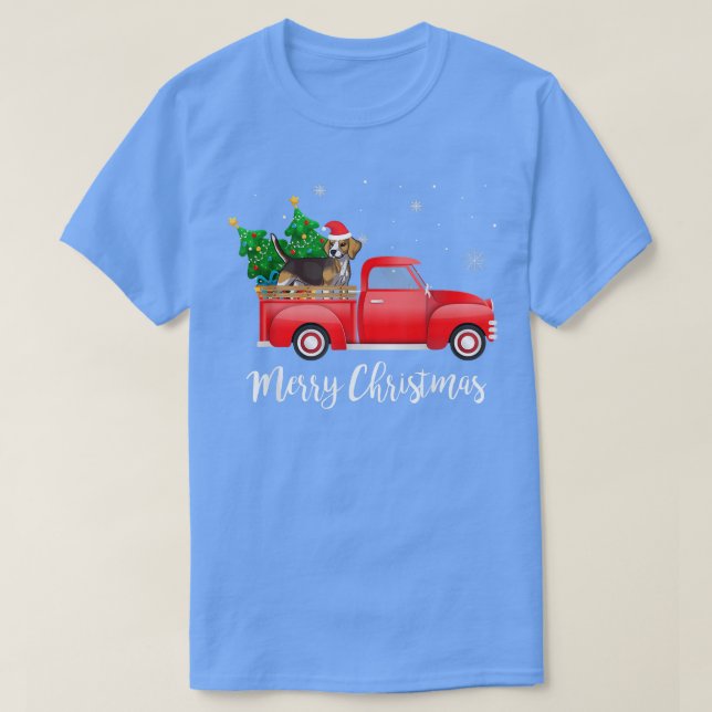 Beagle Dog Riding Red Truck Christmas  T-Shirt (Design Front)