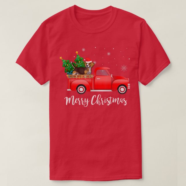 Beagle Dog Riding Red Truck Christmas  T-Shirt (Design Front)