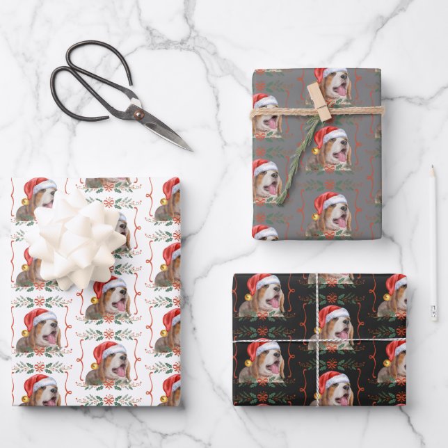Beagle Dog Santa Christmas Wrapping Paper Sheets (Front)