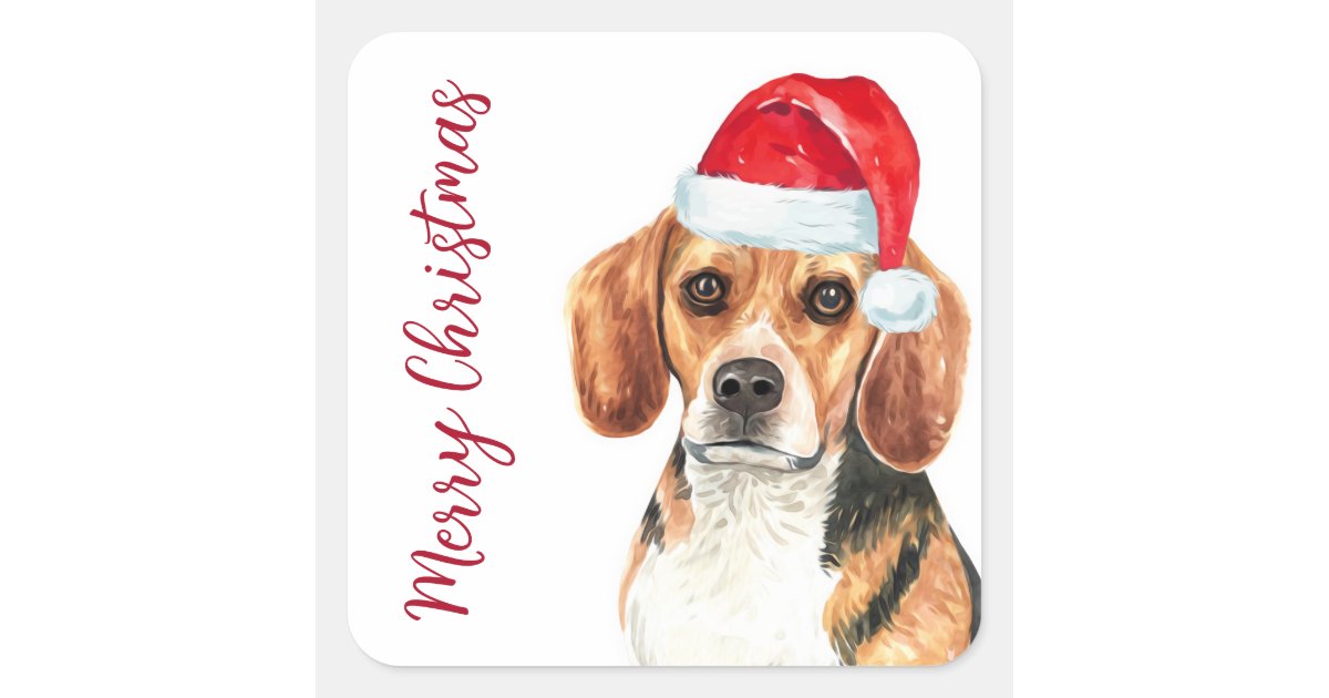 Beagle Dog Santa Cute Merry Christmas Square Sticker | Zazzle