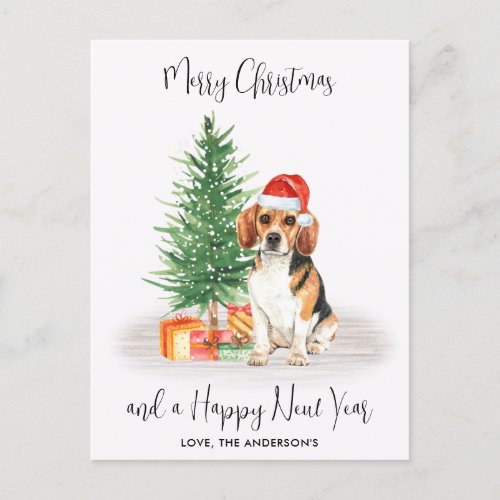 Beagle Dog Santa Festive Tree Merry Christmas  Holiday Postcard
