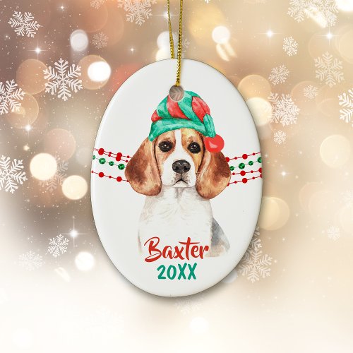 Beagle Dog Santa Hat Holiday String Beads Ceramic Ornament
