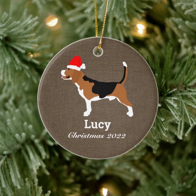 Beagle Dog Santa Hat Personalized  Ceramic Ornament (Tree)