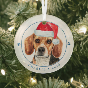 Beagle Dog Santa Personalized Cute Pet Christmas Glass Ornament