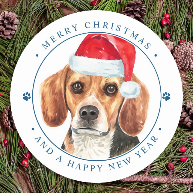 Beagle Dog Santa Personalized Merry Christmas  Classic Round Sticker (Creator Uploaded)