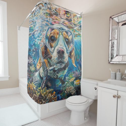 Beagle Dog Scuba Diving Underwater Shower Curtain