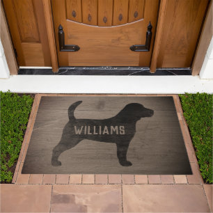 Beagle Dog Silhouette Faux Weathered Wood Custom Doormat