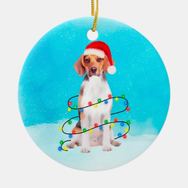 Beagle Dog Sitting On Beach Christmas Hat Lights Ceramic Ornament (Front)