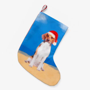 Beagle Dog Sitting On Beach Christmas Hat Small Christmas Stocking