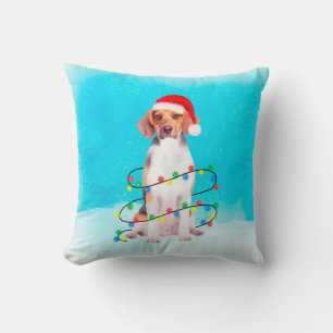 Beagle Dog Sitting On Beach Christmas Hat Throw Pillow
