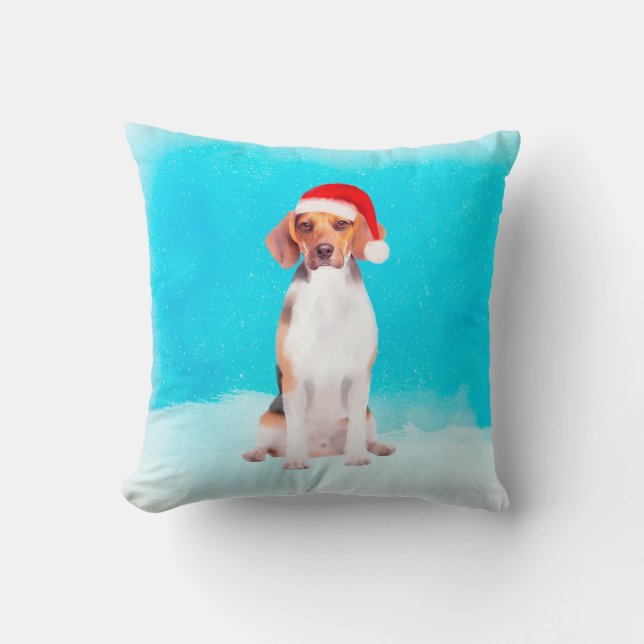Beagle Dog Sitting On Beach Christmas Hat Throw Pillow (Front)