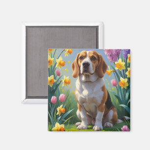 Beagle Dog Spring Flowers Painting  Magnet