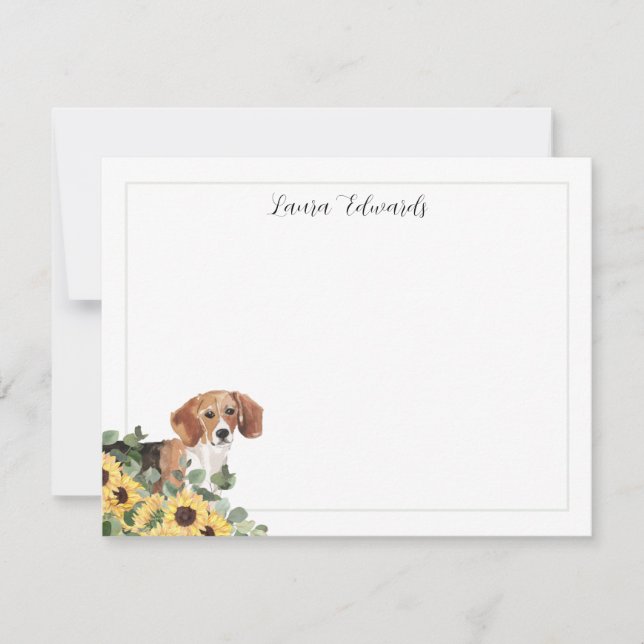 Beagle Dog Sunflower Eucalyptus Personalized Note Card (Front)