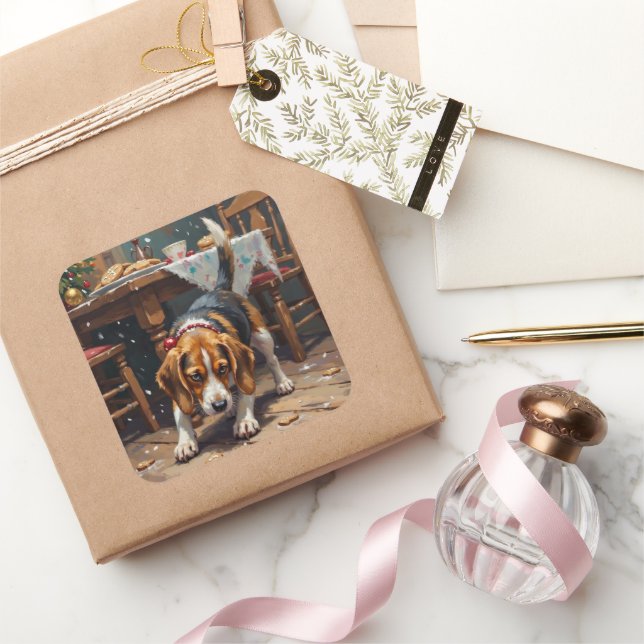 Beagle Dog Tracking Gingerbread Christmas Fun Art Square Sticker (Gifting)