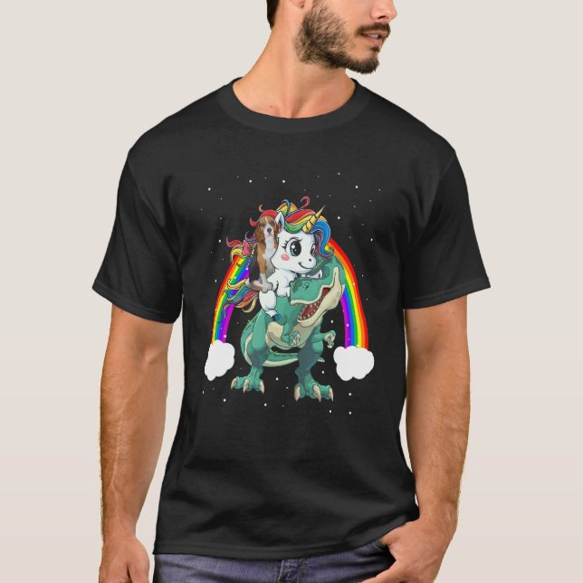 Beagle Dog Unicorn Riding Dinosaur Rex Cute Christ T-Shirt (Front)