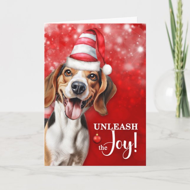 Beagle Dog Unleash the Joy Christmas Holiday Card (Front)
