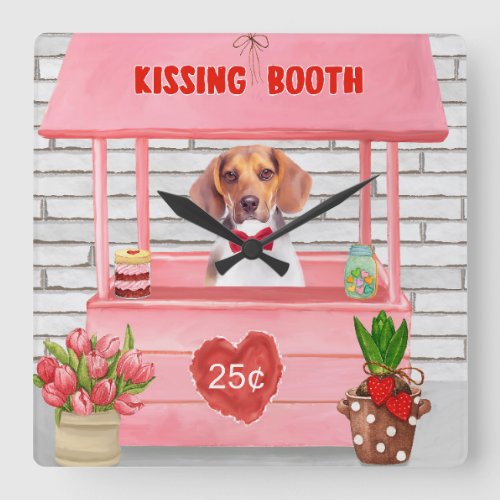 Beagle Dog Valentines Day Kissing Booth Square Wall Clock
