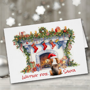 Beagle Dog Waiting on Santa Christmas Fireplace Cards