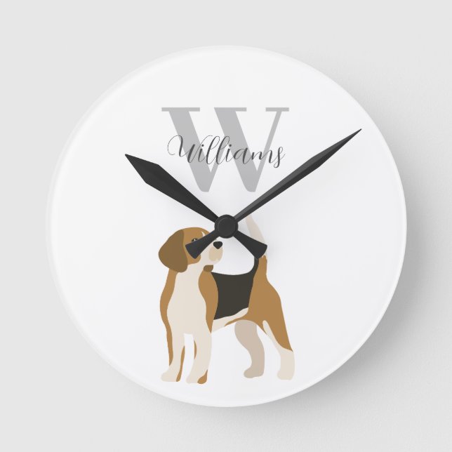 Beagle Dog Watercolor Monogram Name  Round Clock (Front)