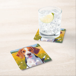 Beagle Dog Watercolor Pet Painting Square Paper Coaster