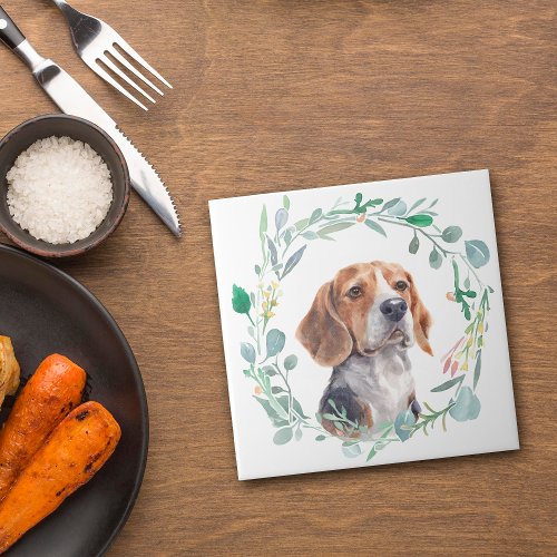 Beagle Dog Watercolor Wreath Ceramic Tile