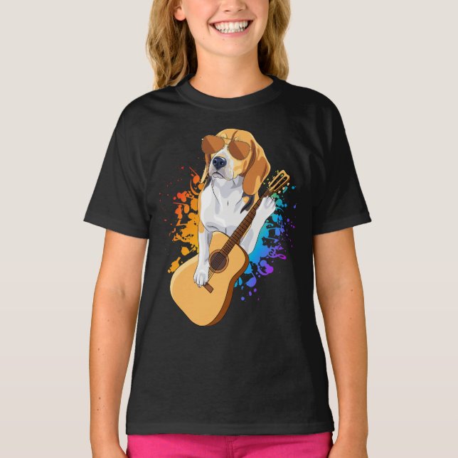 Beagle Dog Wearing Sunglasses Playing Guitar Girl T-Shirt (Front)
