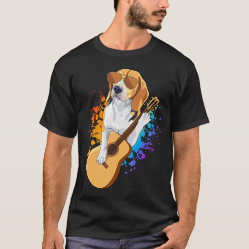 Beagle Dog Wearing Sunglasses Playing Guitar Men T_Shirt