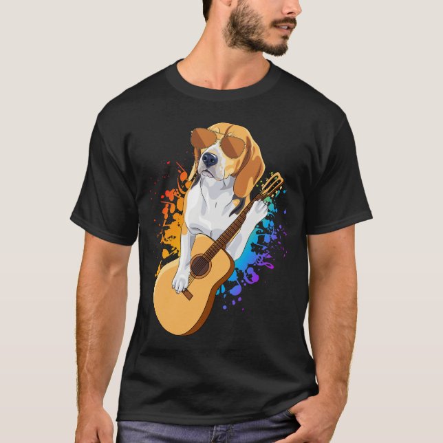 Beagle Dog Wearing Sunglasses Playing Guitar Men T-Shirt (Front)