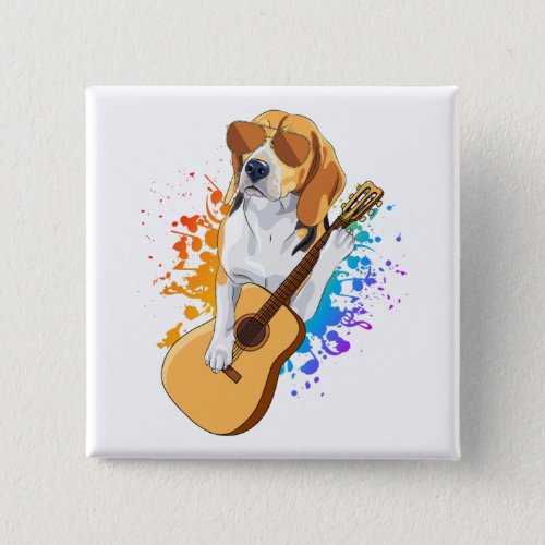 Beagle Dog Wearing Sunglasses Playing Guitar Squar Button