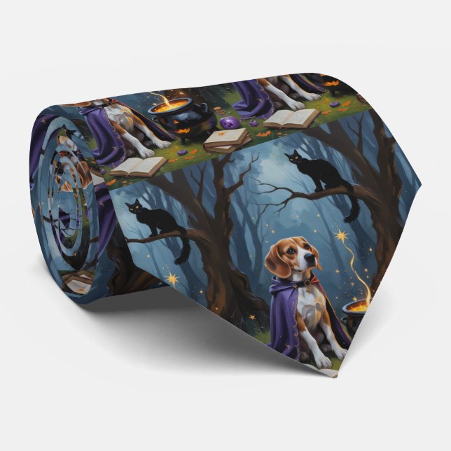 Beagle Dog Whimsical Halloween Painting Neck Tie (Rolled)