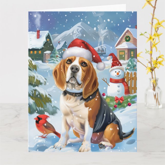 Beagle Dog Winter Wonderland Christmas Joy Card (Yellow Flower)