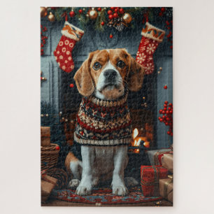 Beagle Dog With Christmas Gifts Fireplace Jigsaw Puzzle
