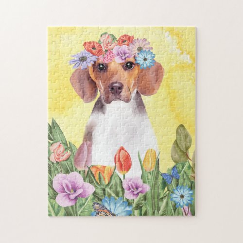 Beagle Dog with Flowers Spring Jigsaw Puzzle