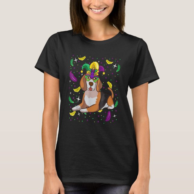 Beagle Dog With Parade Mask Mardi Gras Party T-Shirt (Front)