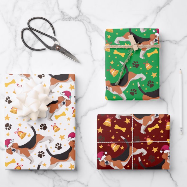 Beagle Dog With Santa Hat Christmas Wrapping Paper Sheets (Front)
