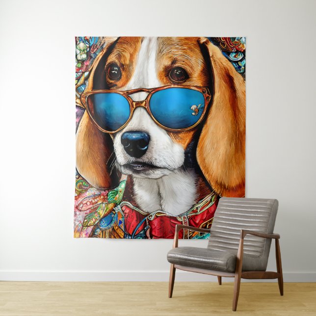 Beagle Dog with Sunglasses Tapestry (In Situ)