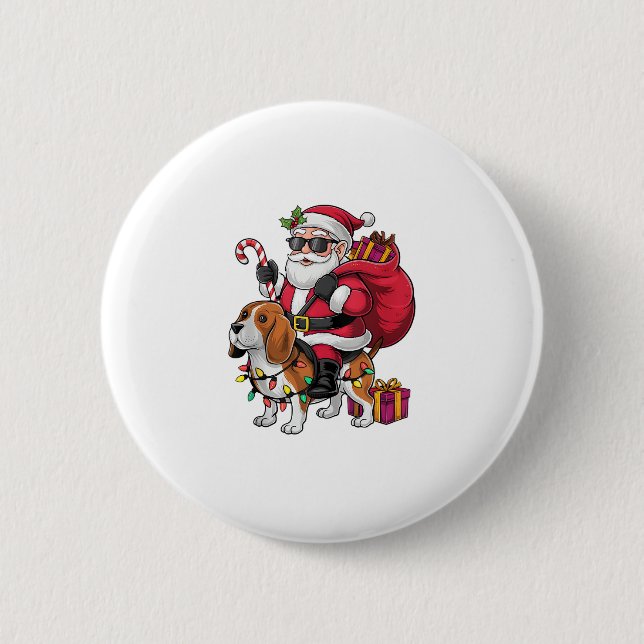 Beagle Dog Xmas Lighting Santa Riding Beagle Chris Button (Front)