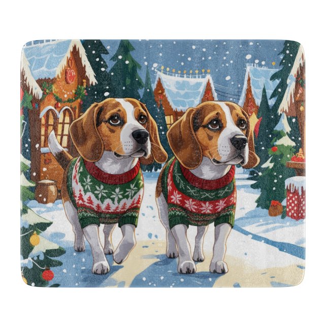 Beagle Dogs Christmas Snow Holiday Cutting Board (Front)