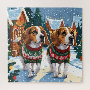 Beagle Dogs Christmas Snow Holiday Jigsaw Puzzle