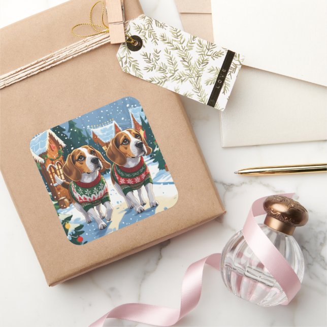 Beagle Dogs Christmas Snow Holiday Square Sticker (Gifting)