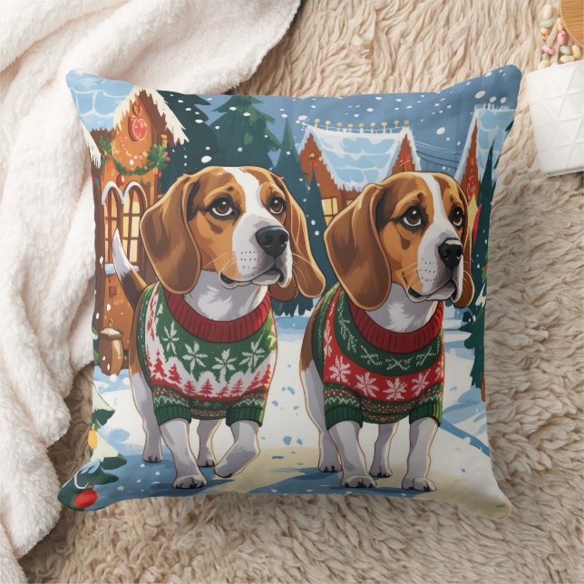 Beagle Dogs Christmas Snow Holiday Throw Pillow (Blanket)